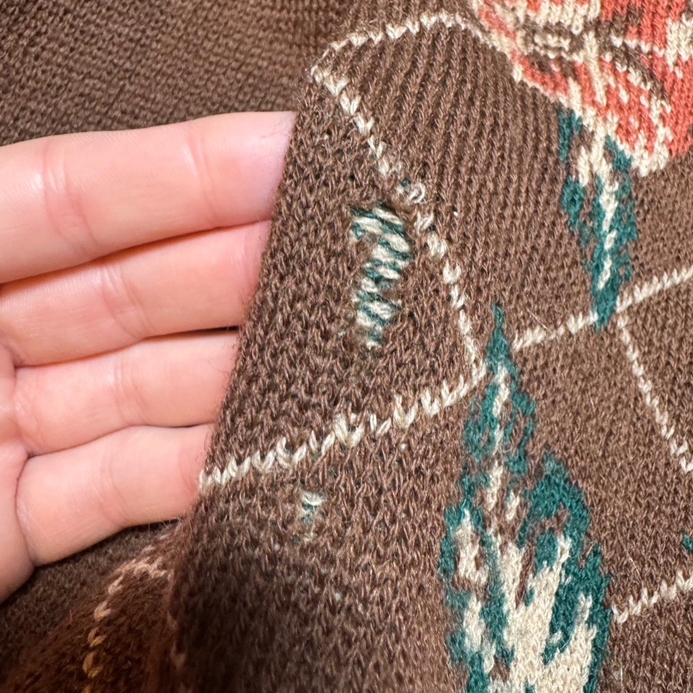 Vintage Cottagecore Floral Virgin Wool Cardigan M Brown Grandma Sweater Flawed - Picture 11 of 14